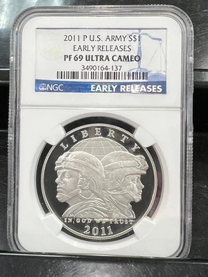 2011 P $1 Proof US Army Commemorative Silver Dollar Early Releases NGC PF70 E228 - Image 1 of 2