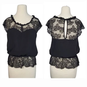 Vintage Y2K Express Babydoll Herzausschnitt Spitze Netz Schößchen Seide Top M schwarz Festival - Bild 1 von 15