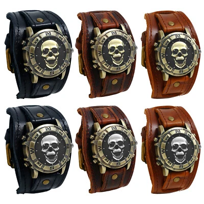 Men's Biker Halloween Skull Decor Wide Wrist Watch Casual Geniune Leather Strap - Image 1 of 3