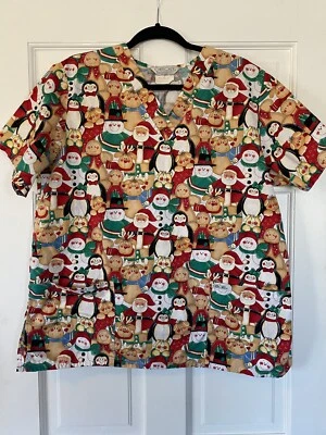 Cherokee Women’s Scrubs Christmas Santa Penguin Theme SZ Large Multicolor - Image 1 of 4