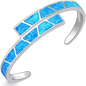 Blue Opal Double Layer Cuff Bangles 925 Sterling Sliver Jewelry For Women Girl - Picture 1 of 6