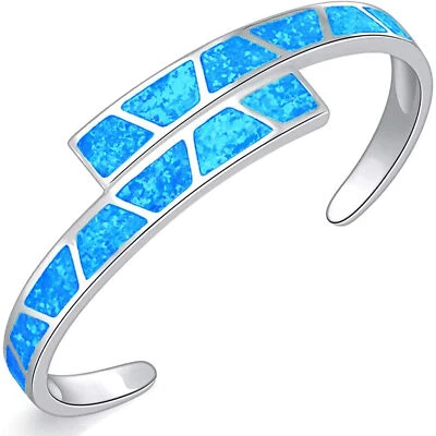 Blue Opal Double Layer Cuff Bangles 925 Sterling Sliver Jewelry For Women Girl - Image 1 of 4