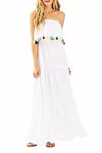 LILLY PULITZER Caridee MAXI Kleid Resort weiß Wirbel trägerlos Quaste XS EUC - Bild 1 von 12