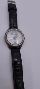 Vintage Genuine Guess Wristwatch Black Brown Leather Band crystals? Needs batter - Picture 1 of 12
