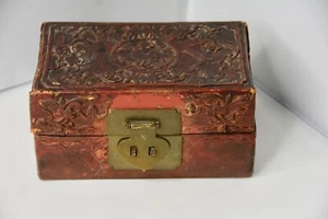 Antique Chinese Red Lacquered Leather Box Openwork Bats Floral and Foliage Detai - Picture 1 of 11