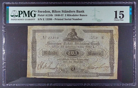 1851 Sweden - Sveriges Rikes Standers Bank 2 Riksdaler, P-A124b, PMG CF-15 Cover