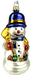 Pupazzo di neve in vetro ceco vintage ornamento che tiene scopa e presenta colori vivaci - Foto 1 di 4