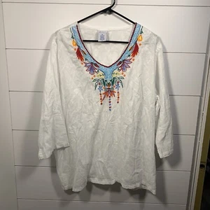 Vickie Wayne Embroidered Top Blouse Women Sz 2XL White Floral 100% Cotton Boho - Picture 1 of 10