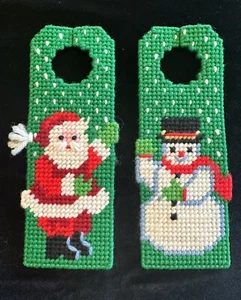 Pair Of Needlepoint Plastic Canvas Holiday Door Hangers. Santa And Snowman. - Picture 1 of 3