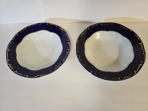 (2) ZSOLNAY HUNGARY PECS White Cobalt POMPADOUR Porcelain 8 3/4" Soup Bowls - Picture 1 of 6