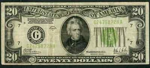 20 $ 1928-C FRN Fr. 2053-G hellgrünes Siegel Chicago einlösbar in Gold Clause sehr guter Zustand - Bild 1 von 2