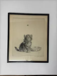 Meta Pluckebaum vintage " interesse reciproco" opera d'arte firmata e incorniciata gattino gatto - Foto 1 di 8