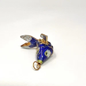Vintage Cloisonné Blue Enamel Gold Toned Metal Articulated Koi Fish Pendant - Picture 1 of 6