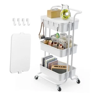 3 Tier Rolling Cart with Table Top, Utility Cart with Wheels & 4 Hooks, - Picture 1 of 7