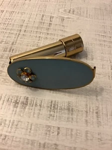 Vintage Lippenstift Halter Kosmetikspiegel goldfarben blau Kristall Blume zum Öffnen - Bild 1 von 6
