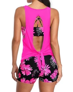 3 Piece Tankini Swimsuit for Women Tank Bathing Suit with Shorts Open Back At... - Picture 1 of 4