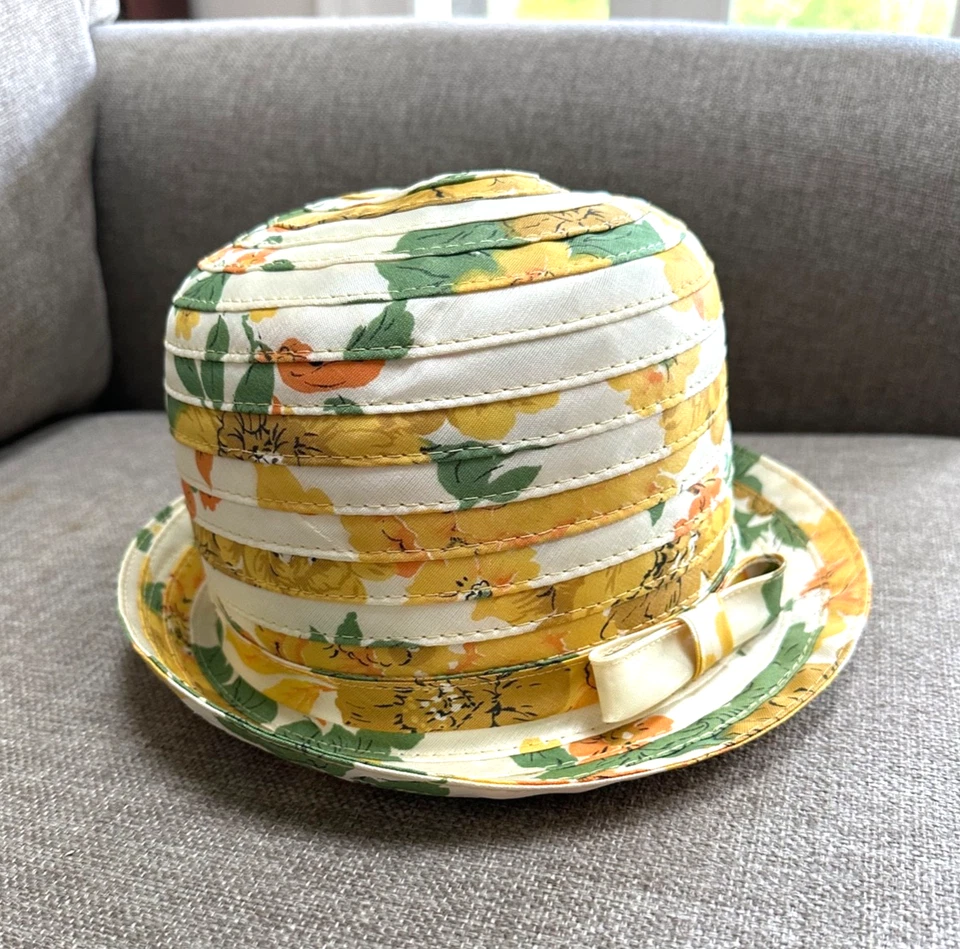 Vintage 1950's Cloche Hat Mid Century, Gus Mayer, Yellow and Green Floral, Med. - Image 1 of 4