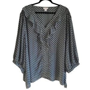 Liz Claiborne Bluse Damen 4X Grün Lila Geometrisch Boho Kurzarm Rüschen - Bild 1 von 12