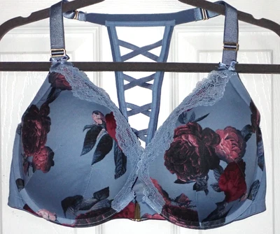Lane Bryant Cacique Bra 38F Boost Plunge Front Close Blue W/ Rose Pattern — 第 1/4 张图片
