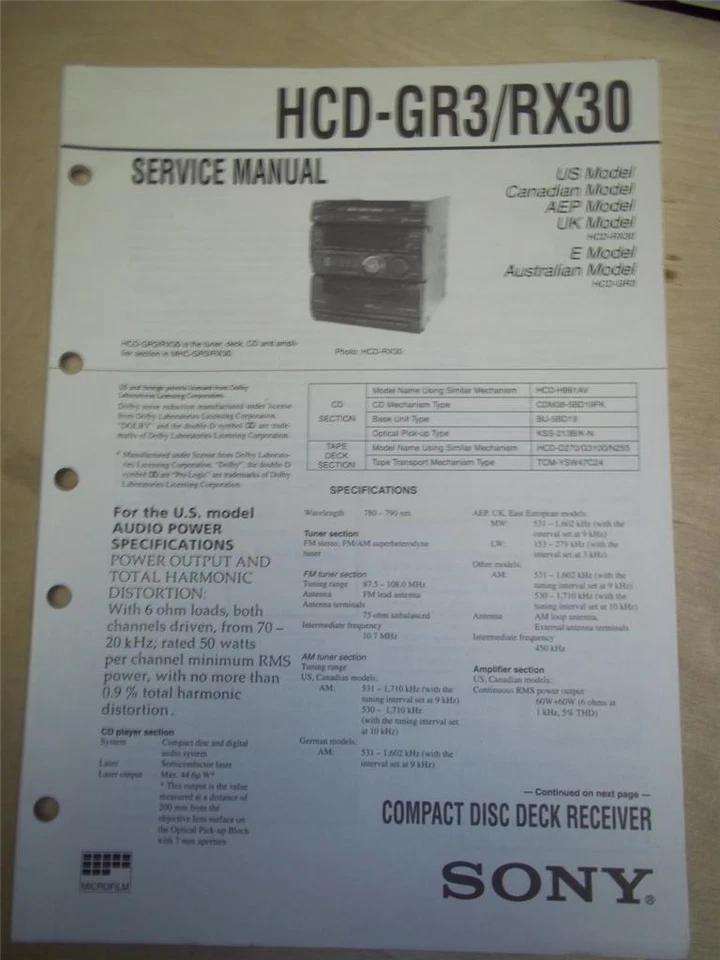 Sony Service Manual~HCD-GR3/RX30 CD Deck Receiver Component System~Original - Image 1 of 1