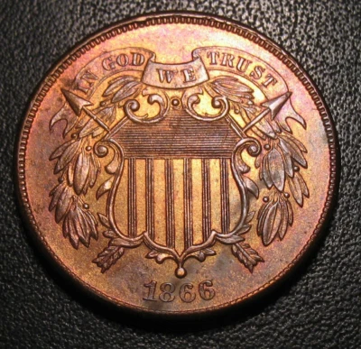 OLD US COINS 1866 BU UNC OBSOLETE TWO CENT COIN NICE COLOR - Image 1 of 2