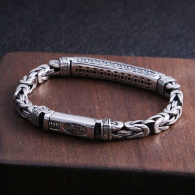 Pure S925 Sterling Silver Chain Men Women 6mm Long Tube Byzantine Link Bracelet - Image 1 of 4