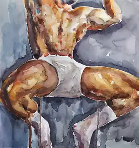 Original Watercolor Painting Man erotic figure Portrait wall art 14x14 inches - Picture 1 of 7