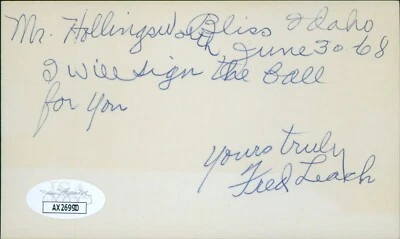 Fred Leach Philadelphia Phillies Signed 3x5 Index Card JSA Authenticated - Image 1 of 2