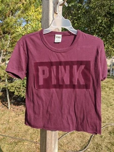 Pink Victoria Secret Small Maroon T-shirt Flocked Velvet Rectangle Around PINK  - Picture 1 of 9