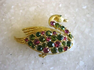 Gold Tone Swan Pin Bright Pink Olive Green Rhinestones, Marked CRAFT / FREE SHIP - Picture 1 of 5