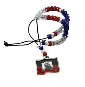 HAITIANISCHE FLAGGE FARBIGE PERLEN Halskette Anhänger HAITI mit 14" Perlen in Leder - Bild 1 von 2