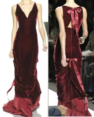 Oscar de la Renta Bow Back Velvet Red Long Dress 2006 Runway Evening Gown US 12 - Image 1 of 4