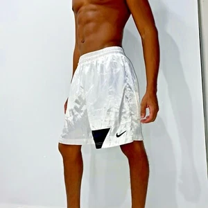 Super Rare Vintage 90s Nike America Satin Nylon Soccer Shorts White Black Lg - Picture 1 of 8