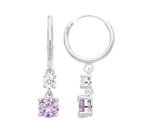 Sterling Silver Lavender Amethyst CZ Drop Hoop Sleeper Huggie Dropper Earrings - Picture 1 of 6