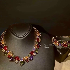 18k Gold Filled Multicolor Tennis Necklace Bracelet made w Swarovski Crystal - Picture 1 of 21