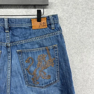 Sean John Jeans Shorts Mens Size 34 Blue Long Stitched Lion Relaxed 5 Pocket - Image 1 of 4