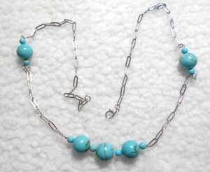 Turquoise Magnesite beaded necklace, silver links, 31", 79cm long adj. Handmade. - Picture 1 of 4