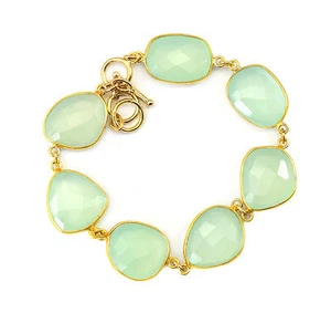 Aqua Green Chalcedony Bracelet 14k Gold Filled 7 8 Inch Adjustable Bezel Chain - Picture 1 of 3