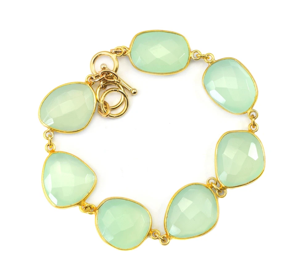 Pulsera Calcedonia Verde Aqua Llena de Oro 14k 7 8 Pulgadas Bisel Ajustable Cadena Foto 1 de 3
