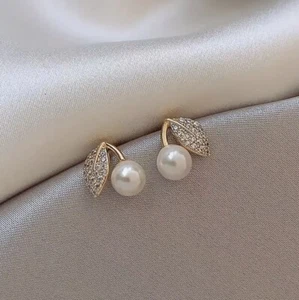 Anthropologie Pearl Earrings Leaf Crystal Cherry White CZ Stud Gold - Picture 1 of 4