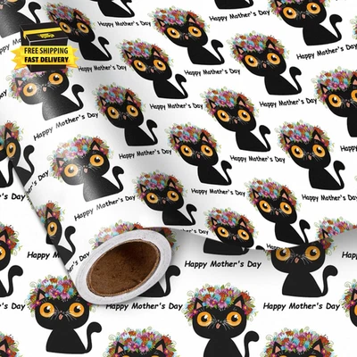 Rolo de papel de embrulho para gatos Dia das Mães, gatos pretos adornados com cr floral colorido - Imagem 1 de 4
