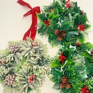 VTG Christmas Wreaths Candle Rings Plastic Holly & Berries, Pine Cones 7" Diamet - Picture 1 of 4