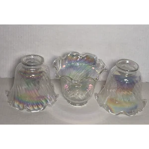 Set of 3 Iridescent Light Shade 4" Hurricane Lamp Swirl Bell Ruffled Fitter 2”  - Picture 1 of 14