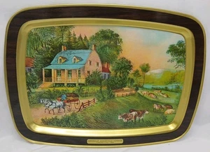 Currier and Ives - Bandeja de metal 1868 American Homestead Summer Carraige borde dorado - Imagen 1 de 7