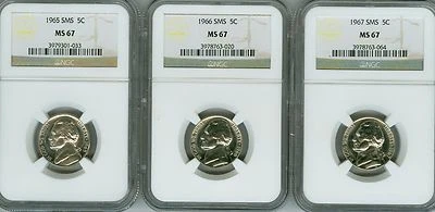 1965 1966 1967 SMS NGC  MS67JEFFERSON NICKEL 5c 3-COIN SET, PROOF LIKE LUSTER - Image 1 of 4