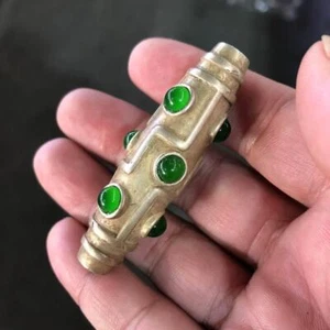 58X15Mm Chinese Retro Tibetan Silver Tianzhu Beads Inlaid Emerald Pendants - Picture 1 of 1