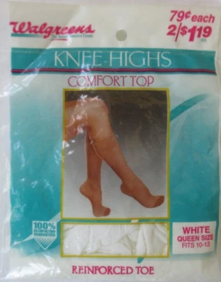 1 PAIR VINTAGE WALGREENS COMFORT TOP WHITE KNEE HIGHS - SIZE - QUEEN SIZE- NEW - Image 1 of 4