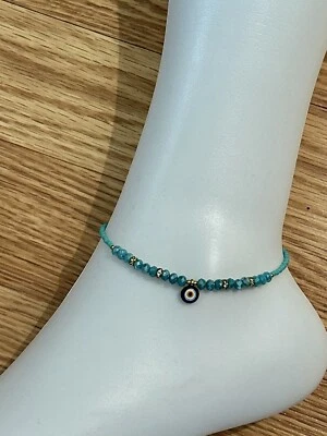 Gold Plated Evil Eye Charm Anklet With Blue Crystal And Turquoise Beads - Image 1 of 2