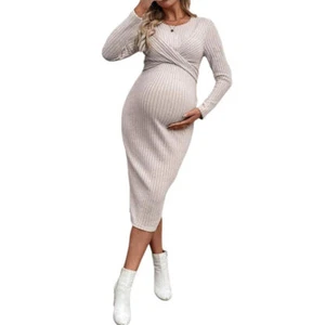 Pregnant Womens Ribbed Bodycon Nursing Dress Maternity Long Sleeve Party Dresses - Picture 1 of 15