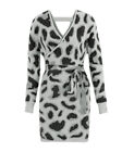 Womens V-Neck Sexy Leopard Knit Jumper Bodycon Long Sleeve Party Mini Dress Tops